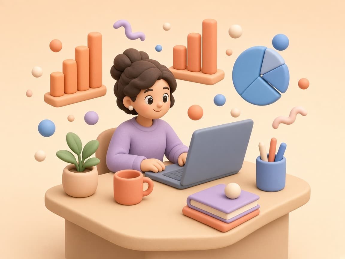 Cartoon marketer surrounded by floating analytics charts