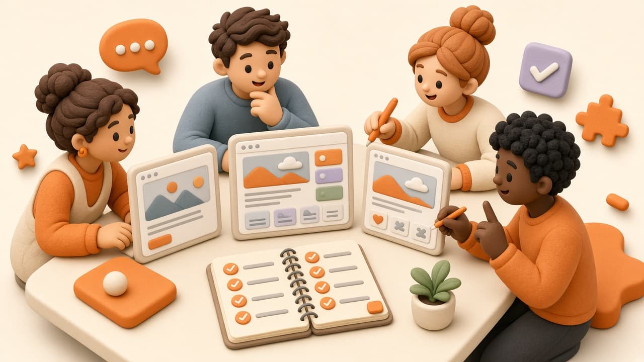 Cartoon team collaborating on multiple client websites
