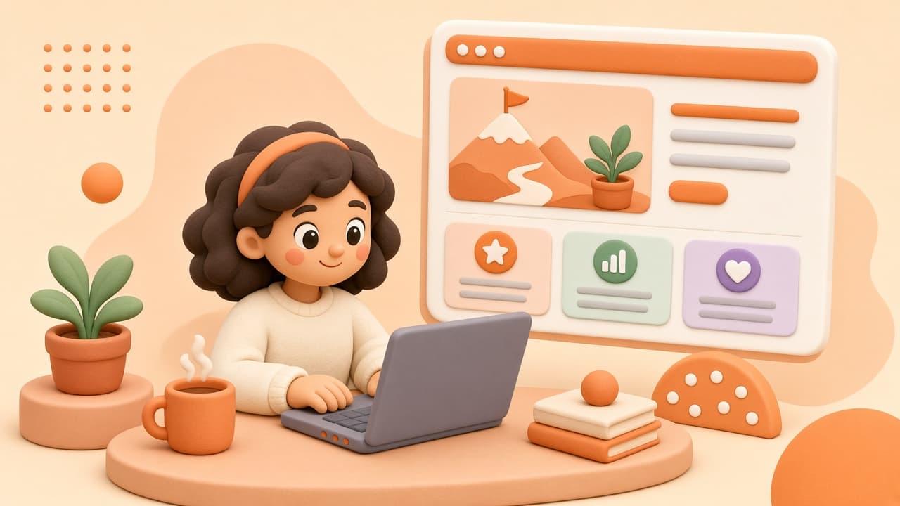 Cartoon character generating a website on a laptop
