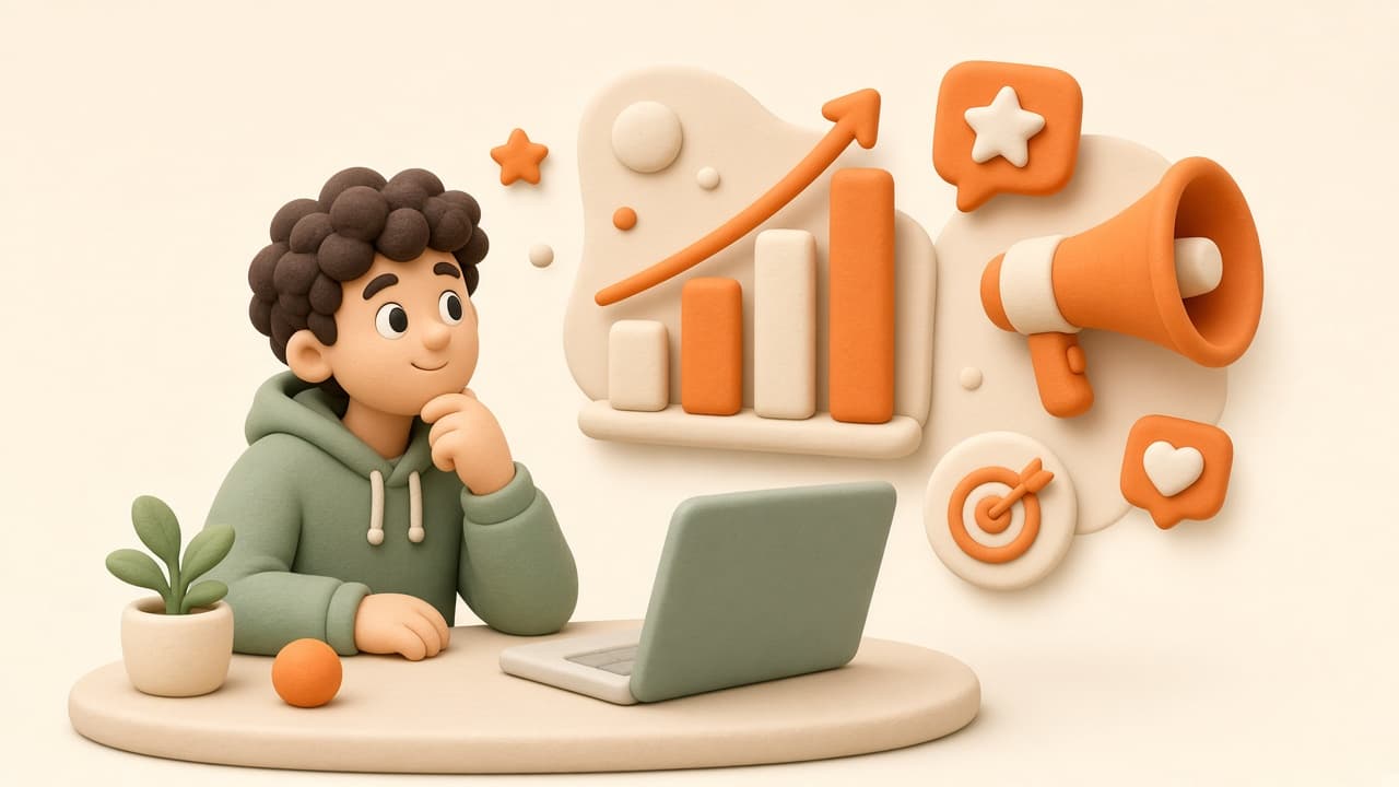 Cartoon character reviewing SEO charts and ads